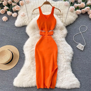 YuooMuoo femmes été droite Sexy coupe taille paquet hanches fendu robe moulante tricoté fête Vestidos robe d'été à la mode - Product Image 1