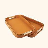 Set Nampan Sajian Kayu SAWTRU dari MDF dengan Lapisan Kulit PU Motif Silang Bulat - Set Dua Buah Nampan Penyimpanan