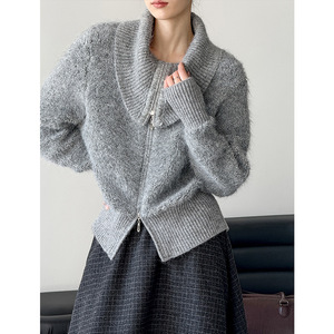 Suéter de punto para <span class=keywords><strong>mujer</strong></span>, estilo coreano, nuevo, con solapa, doble cremallera, manga larga, cárdigan de <span class=keywords><strong>color</strong></span> sólido, estilo informal. - Product Image 1