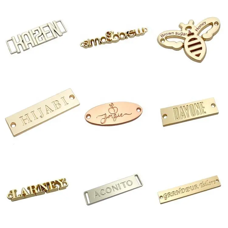 Etiquetas de etiquetas personalizadas de metal para ropa, con logotipo de marca, color dorado claro, estándar europeo