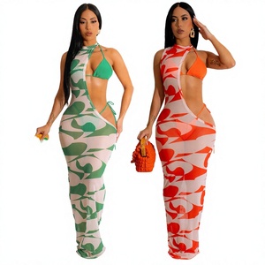 6colors S-2XL Women Sexy Floor Length Kimono Hollow Dress Cover 3pcs <b>Bikini</b> <b>Set</b> Solid/Print 100% Polyester Beachwear Dress - Product Image 2