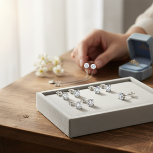 Orecchini a Perno Placcati in Oro Bianco con Zirconia Cubica Trasparente Rotonda da 4mm, Set di 6 Paia - Elegante Confezione da 6 Paia - Product Image 3