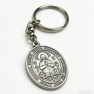 Porte-clés vintage en alliage de zinc avec impression UV, motif Saint Jean Vianney en argent antique, souvenir religieux catholique, saint patron, pour la prière - Product Image 2