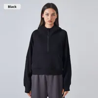 Nouveau sweat-shirt de sport de yoga ample à demi-zip à capuche pour femme en polyester/coton doublé de polaire anti-rides