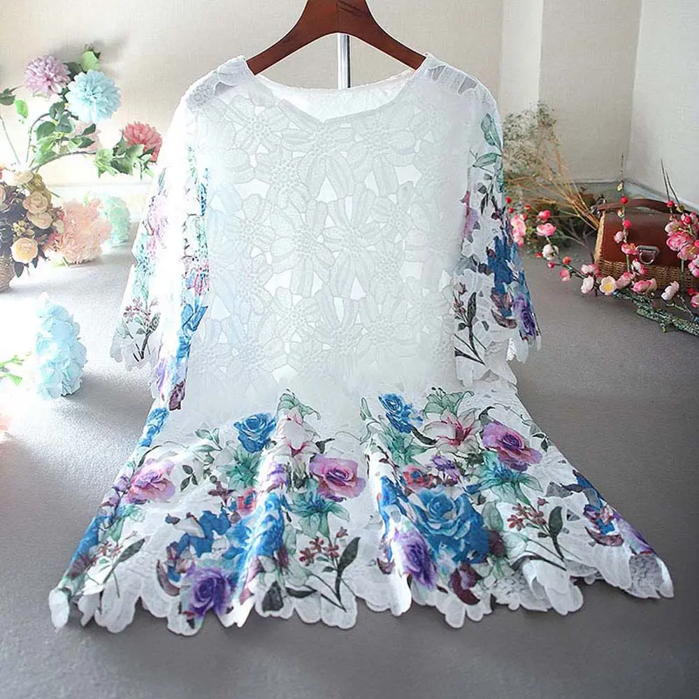 Gaun Bordir Warna-warni Motif Bunga Gaya Korea Gaun Vintage Bepergian Versi Berongga Gaun Longgar Mode Gaun Renda