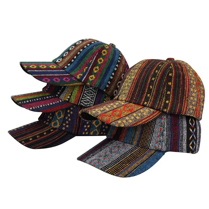 Topi bisbol gaya etnis, topi olahraga dengan tali bagian belakang bergaris-garis warna-warni untuk pria wanita