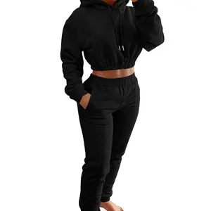 Joggers kırpılmış özel Logo kırpma üst kaput tişörtü Sweatpants boş ağır Hoodies setleri kadın giyim kadın sonbahar kıyafetler 2023