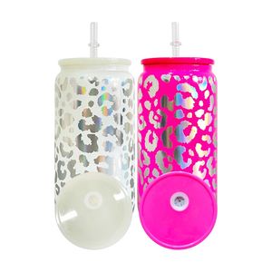 Vaso de Vidrio de 16 oz con Diseño de Leopardo Holográfico y Logotipo Personalizado, Envoltura de Vinilo, con Tapas de Plástico - Product Image 2