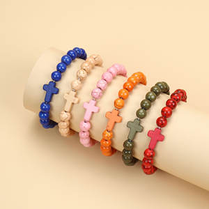 Bracelet extensible en pierres semi-précieuses de 8 mm, turquoise, avec croix en perles, pour homme, idéal pour un cadeau (vente en gros) - Product Image 6