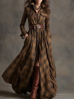 Robe longue à manches longues pour femme, nouvelle collection, avec ceinture, motif écossais, style chemise maxi