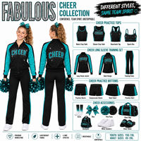 Conjunto de entrenamiento de porristas en negro y verde azulado: Chaqueta de porristas con pedrería personalizada y pantalones rectos para calentamiento y práctica.