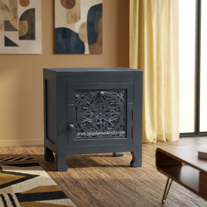 Table de chevet grise artisanale en bois d'acacia massif naturel, style nordique, avec 1 porte et 1 tiroir, pour la maison, l'hôtel, la chambre à coucher - Product Image 5