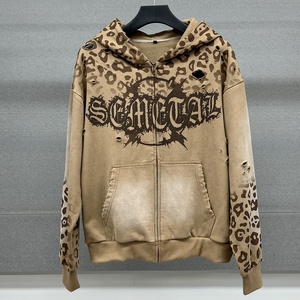 Sudadera con Capucha de Diseño Exclusivo, Estilo Desgastado con Agujeros, Estampado de Leopardo, Felpa Francesa, Cierre de Cremallera, Talla Grande para Hombre, Lavado Ácido - Product Image 1