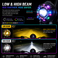 Projecteur LED auxiliaire pour moto, lampe spot dynamique RGB avec anneau de poursuite, DRL blanc jaune, faisceau haut/bas pour moto, VTT, UTV, tout-terrain