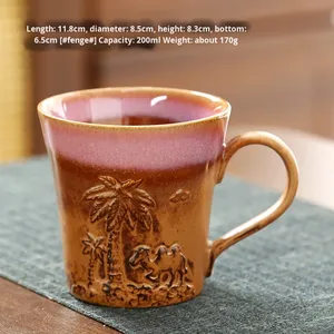 Tazas de cerámica rústica de 200 ml con relieve creativo y pintadas a mano, para agua doméstica, con diseño de camello y barco del desierto, y para café. - Product Image 6
