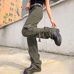 Pantalones vaqueros Cargo de pierna ancha rectos con bolsillo y solapa holgados de cintura alta para mujer XL transpirable ajuste relajado para ropa de calle Y2K moda Grunge - Product Image 4