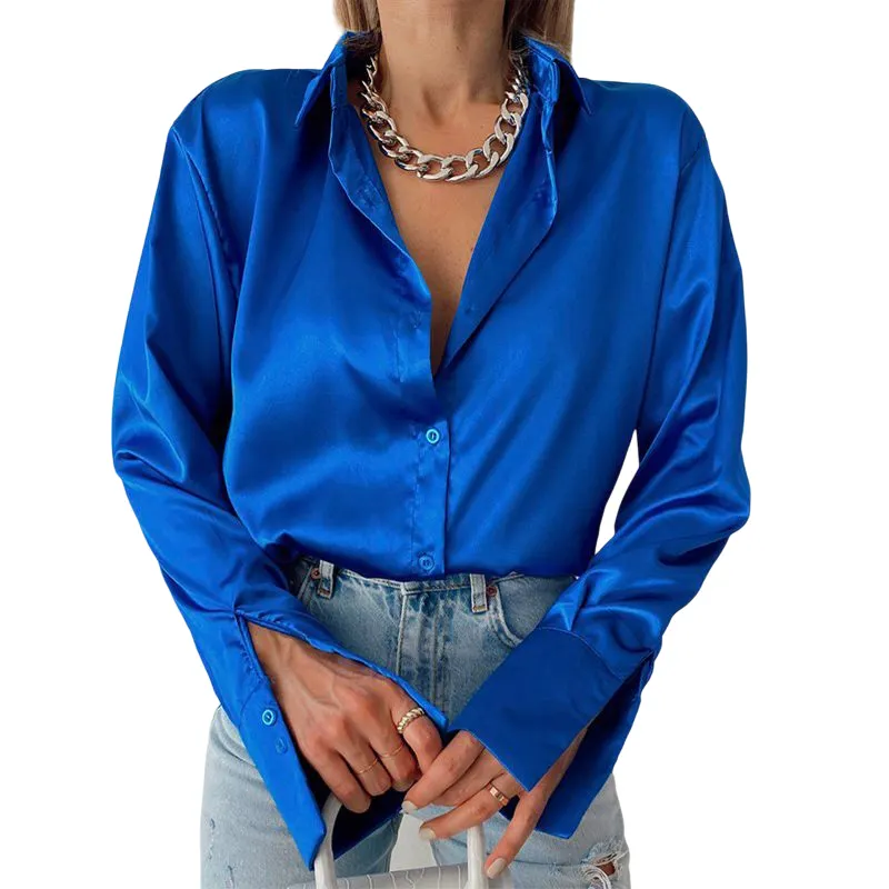 Spring Solid Long Sleeve Blue Blouse Vintage Satin Shirt Elegant Fashion Women Tops 2023 Casual Loose Button Office Lady Clothes