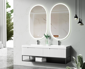 Mueble de Baño <span class=keywords><strong>MEBO</strong></span> Blanco Acanalado con Lavabo Doble Integrado de Resina, Estante Metálico y Par de Espejos LED Ovalados con Iluminación Completa - Product Image 4