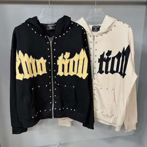 Chaqueta con cremallera de alta calidad, 100% algodón grueso, con estampado vintage de estilo urbano 'Mixed Emotions' y rotos, para hombre, tipo sudadera con capucha. - Product Image 2