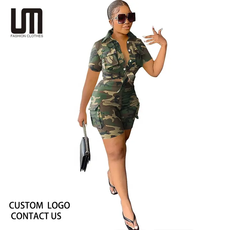 Liu Ming New Product 2023 Women 2 Piece Set Outfit Camouflage Short Sleeve Shirt and Cargo Shorts Suit