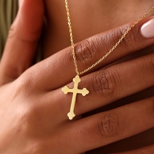 Collana da donna con <span class=keywords><strong>croce</strong></span> cristiana ortodossa ciondolo collana in acciaio inossidabile placcato oro 18k alta lucidato regalo di battesimo religioso - Product Image 1