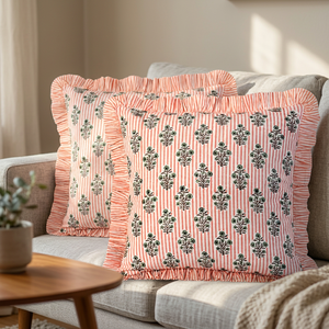 Trending New Salmon Blossom Stripe Ruffle Western Style Pure Cotton Removable Washable Modern Luxury Floral Square <b>Throw</b> Pillow - Product Image 2