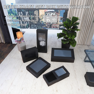 Boîte cadeau en carton kraft noir rétro avec fenêtre, estampage UV/à chaud, forme rectangulaire, doublure en éponge, fermeture magnétique, poignée - Product Image 2