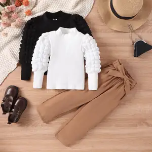 2023 Autumn Winter Girls Clothing Sets Puff Sleeve Turtleneck Long Sleeve Top Corduroy Pleated Two Piece Clothes For Kids
