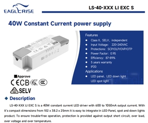 Eaglerise LS-40-900 Li Exc S 40W 900mA 24-42V ที่แยกไม่กะพริบ AC198ไดรเวอร์ LED แบบคงที่ในปัจจุบันที่มี IP20 264Vac - Product Image 2