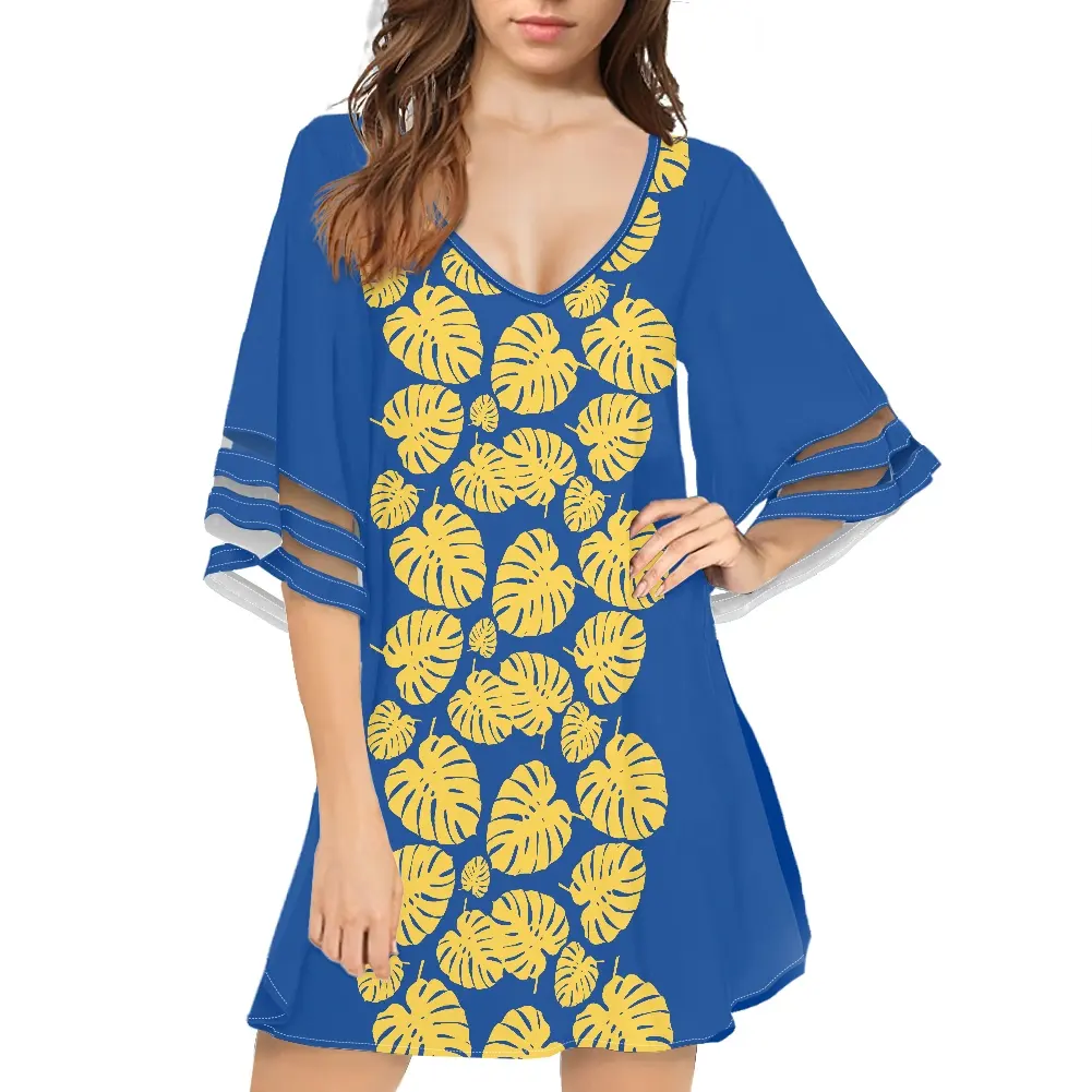 Monstera Leaf Yellow Blue Pattern Bade bekleidung Cover Up Frauen Chiffon Badeanzug Cover Ups Summer Beach Wear Tops Kaftan Tunika
