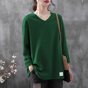 V-Neck Long Sleeve T-Shirt Loose Fit Knitted Women's Autumn Solid Color Yellow T-Shirt - Product Image 4