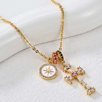 Mylove Pendentif Chaîne Élégant Personnalisé en Laiton Plaqué Or 18K avec Perle, Émail, Croix Soleil et Breloque CZ Colorée pour Femme, Cadeau