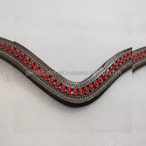 Banda de ceja de caballo de cuero de canal vacío negro curvo hecho a medida con incrustaciones de cristales de vidrio redondos rojos - Product Image 1