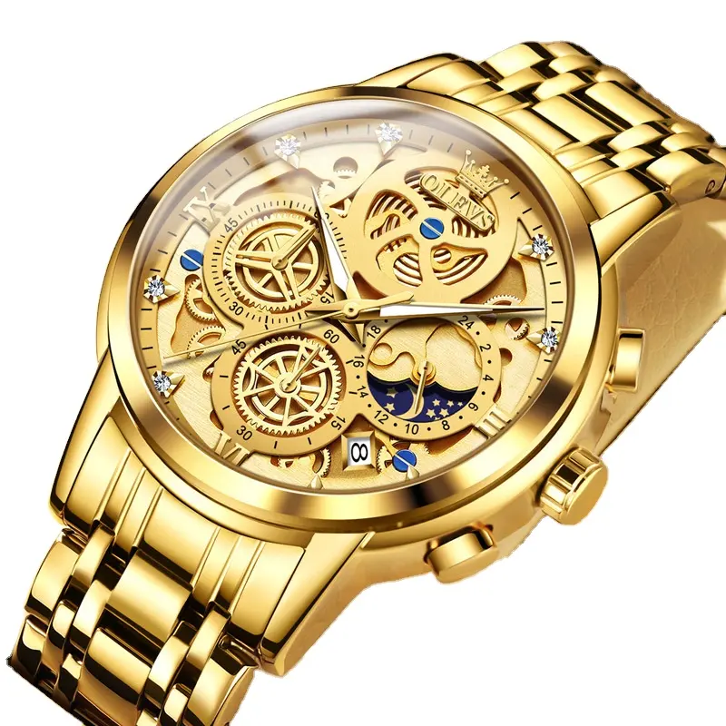 OLEVS 腕時計 エレガント クォーツ 男性用 時計 クラシック シンプル クロノグラフ ムーンフェイズ ステンレスバンド サファイアガラ OLEVS 腕時計 エレガント クォーツ 男性用 時計 クラシック シンプル