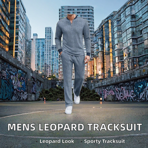 Mens 2 Piece Jacquard Leopard Print Quarter Zip Elastic Waist Spandex Polyester <b>Tracksuit</b> Set Long Sleeve Casual Sports Outfits - Product Image 2