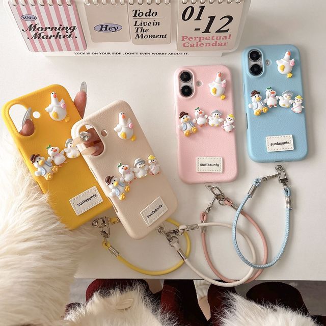 INS Style Leather Duck Phone case for Apple 16 Pro Max New iPhone 13 14 15 Plus Phone case Embroidered 3D Space Electronic Cover