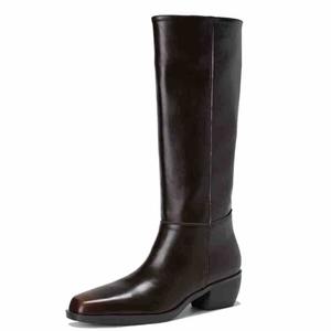 Bottes d'équitation montantes pour femme, style rétro patiné, à bout carré et talon épais, à plateforme, coupe ajustée, style britannique, pour mollets larges - Product Image 1