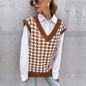 Pull-over à <span class=keywords><strong>pied</strong></span>-<span class=keywords><strong>de</strong></span>-<span class=keywords><strong>poule</strong></span> à carreaux, col en V, <span class=keywords><strong>sans</strong></span> manches, hauts femme, pull-over tricoté, gilet - Product Image 6