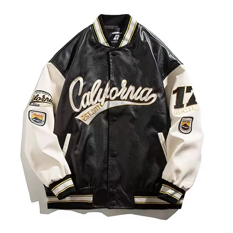 2022 Custom Logo Leather Sleeves Embroidery Black Couple College Baseball Varsity Jacket Letterman Light Blue Men's Jacket