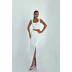 High Quality <b>White</b> Two-Piece <b>Shorts</b> Set Above <b>Knee</b> <b>Length</b> with Slit Detail for Summer or Fall XS Size - Product Image 2