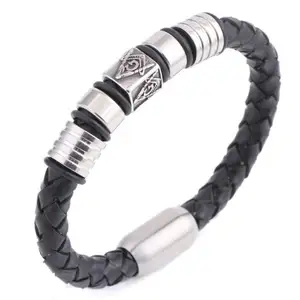 Pulseira de couro masculina, pulseira masculina de aço inoxidável genuíno