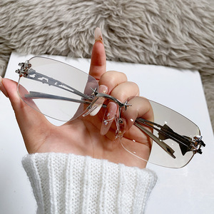 Sunglasses Frameless <b>Square</b> Metal Silver UV400 Light Weight Women's Y2K Style - Product Image 1