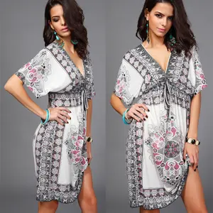 Europe and the United States spring and summer V-neck milk silk plus-size printed beach dress