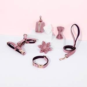 Arnés y Correa Acolchados Personalizados para Perro, Color Rosa Morado, Sin Tirones, Ecológicos, de Terciopelo, con Dispensador de Bolsas para Excrementos - Product Image 1