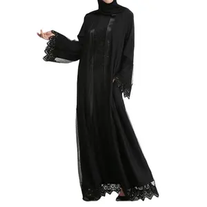 Türkische Langarm feste schwarze Spitze Dubai Muslim mit Gürtel Korsett Kleid Dame Frauen öffnen Abaya