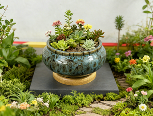 Jolies jardinières en céramique pour plantes succulentes, couleurs vives craquelées, pots de jardin avec drainage et soucoupe intégrée - Product Image 3