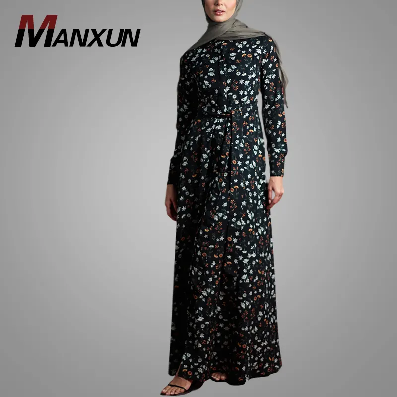 Moda Moderna Vestido Longo Floral Alta Qualidade O pescoço Elegante Fantasia Barato Dubai Abaya Vestuário Islâmico Atacado