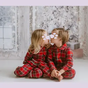 Wholesale Toddler Boys Girls Matching Flannel Christmas Button-down Pyjamas Children Red Gingham Tartan Loungewear Pajama Set