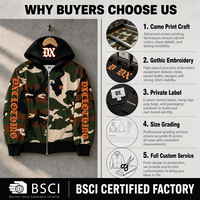 Sweat-shirt à capuche entièrement zippé en camouflage woodland personnalisé 360 g/m² avec broderie gothique, imprimés sur les manches, bordure côtelée noire, style streetwear, OEM ODM