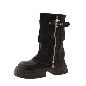 Bottes mi-mollet femme automne 2025 marron style rétro britannique western à enfiler avec fermeture éclair, talons plats épais en coton, semelle antidérapante en caoutchouc - Product Image 1